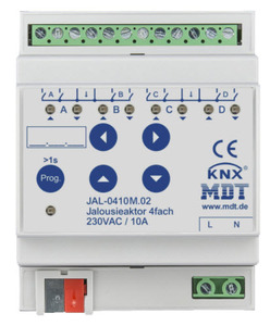 Actuador persianas KNX, 4 canales persianas, 230VAC, 8A, 300W, medición de corriente, carril DIN, Ref. JAL-0410M.02
