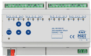 Actuador persianas KNX, 8 canales persianas, 230VAC, 8A, 300W, medición de corriente, carril DIN / empotrable, Ref. JAL-0810M.02
