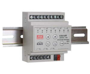 Actuador multifunción KNX, calefacción / conmutación / persianas, 8 salidas binarias / 4 canales persianas, 10A, >200µF C-load, carril DIN, Ref. KAA-8R-10