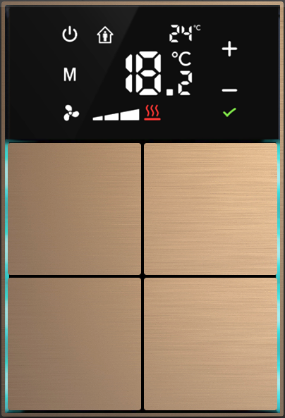Dora serie KNX Controlador de habitaciones con termóstato 4-8 teclas diseño en cruz metal Alu-eloxal  con las teclas  programables  bronce antiguo, Ref. MM1-4T-44-1AB