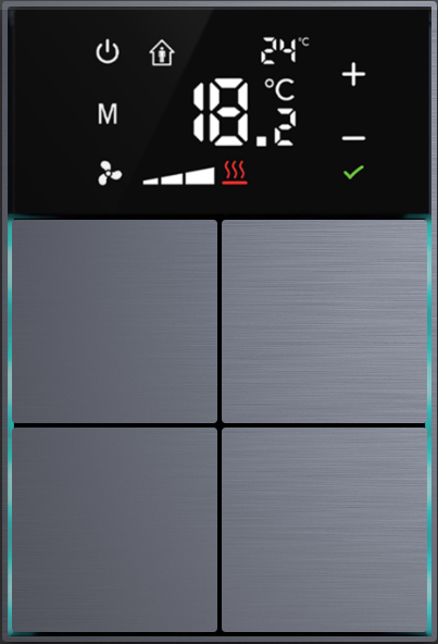 Dora serie KNX Controlador de habitaciones con termóstato 4-8 teclas diseño en cruz metal Alu-eloxal  con las teclas  programables antracita gris, Ref. MM1-4T-44-1AG