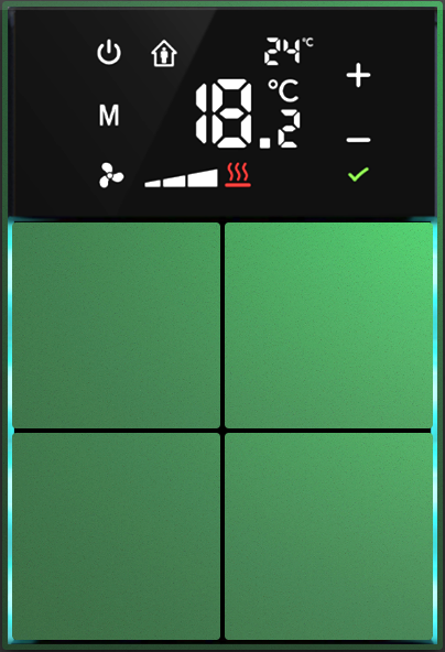  Dora serie KNX Controlador de habitaciones con termóstato 4-8 teclas diseño en cruz metal Alu-eloxal  con las teclas  programables  verde, Ref. MM1-4T-44-1GL