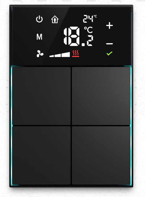 Dora serie KNX Controlador de habitaciones con termóstato 4-8 teclas diseño en cruz metal Alu-eloxal  con las teclas  programables Meteor negro, Ref. MM1-4T-44-1MB