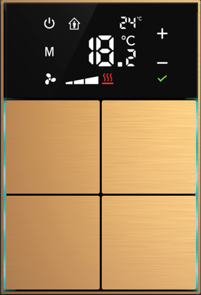 Dora serie KNX Controlador de habitaciones con termóstato 4-8 teclas diseño en cruz metal Alu-eloxal  con las teclas  programables oro puro, Ref. MM1-4T-44-1PG