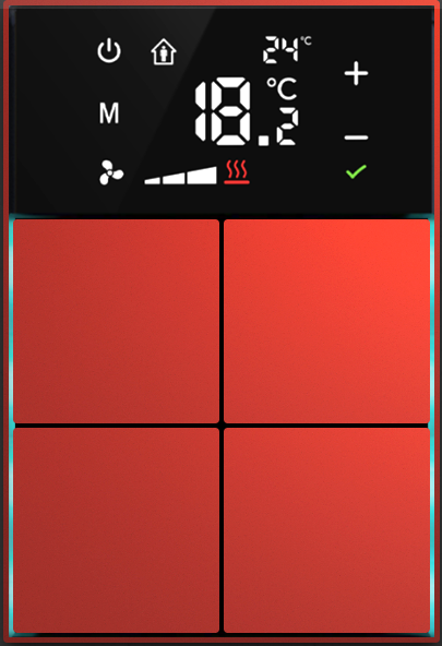 Dora serie KNX Controlador de habitaciones con termóstato 4-8 teclas diseño en cruz metal Alu-eloxal  con las teclas  programables rojo cereza, Ref. MM1-4T-44-1RC