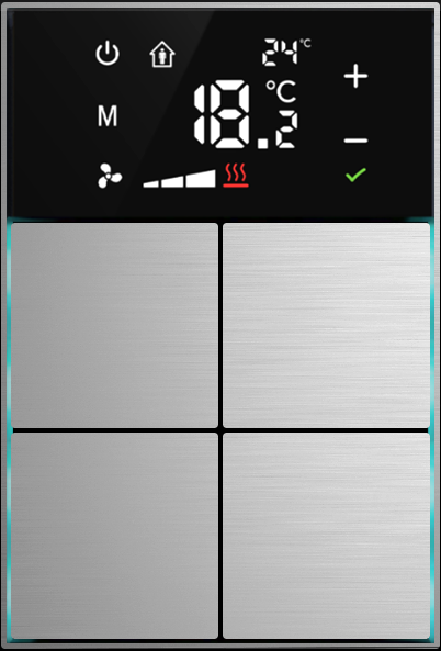 Dora serie KNX Controlador de habitaciones con termóstato 4-8 teclas diseño en cruz metal Alu-eloxal  con las teclas  programables royal plata, Ref. MM1-4T-44-1RS