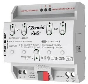 Actuador dimmer KNX, universal / optimizado LED 230V, 2 salidas, 200W C-load, carril DIN, Ref. ZDI-DBDX2