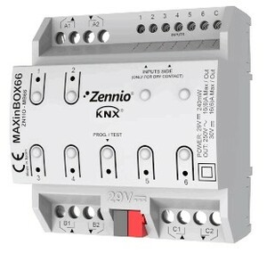 Actuador multifunción con entradas KNX, calefacción / conmutación / persianas, 6 salidas binarias / 3 canales persianas, 6 entradas libre potencial, 16A, 140µF C-load, carril DIN, Ref. ZN1IO-MB66
