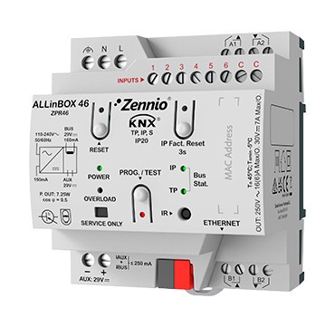 Allinbox46 Dispositivo multifunción con fuente de alimentación KNX, 160mA, interfaz KNX-IP, 4 salidas, 6 entradas y módulo lógico, Ref. ZPR46